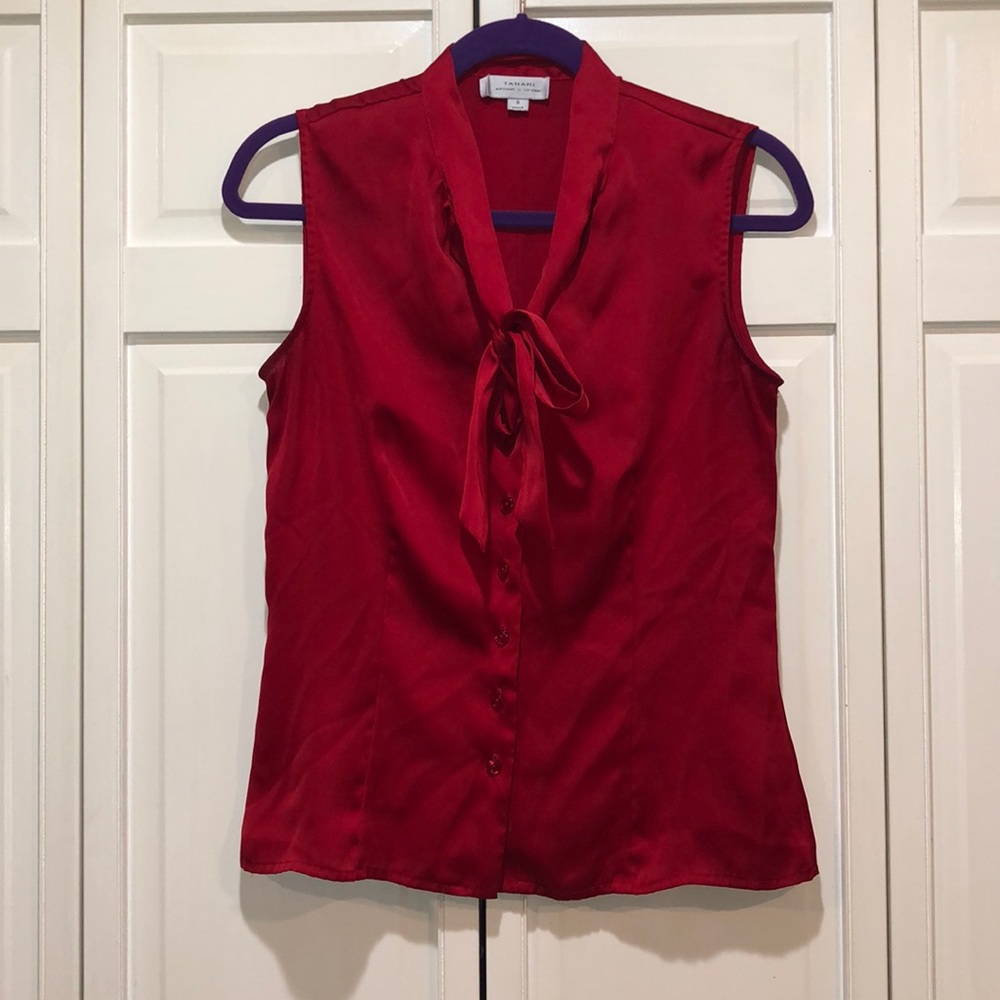 Tahari Red Silk sleeveless tie neck blouse